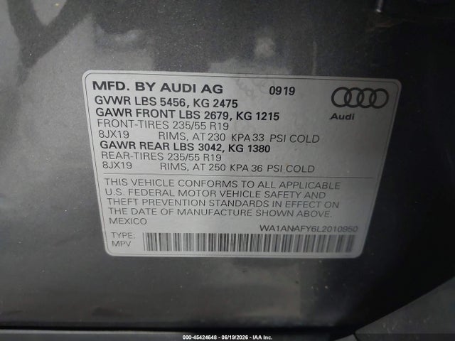 Продажа на аукционе авто 2020 Audi Q5 Premium 45 Tfsi Quattro S Tronic, vin: WA1ANAFY6L2010950, номер лота: 45424648