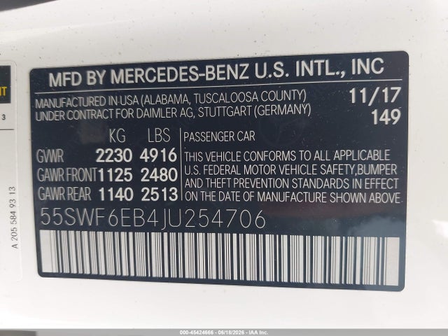 2018 Mercedes-benz Amg C 43 4matic მანქანა იყიდება აუქციონზე, vin: 55SWF6EB4JU254706, აუქციონის ნომერი: 45424666