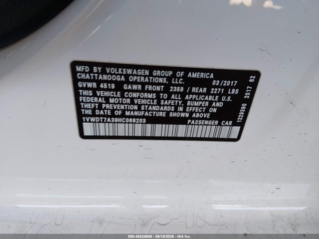 Aukcja sprzedaży 2017 Volkswagen Passat 1.8t R-line, vin: 1VWDT7A39HC068203, numer aukcji: 45424669