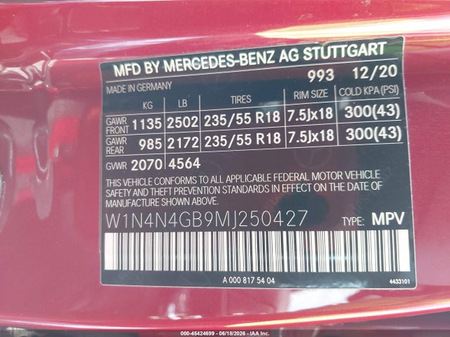 45424699 :رقم المزاد ، W1N4N4GB9MJ250427 vin ، 2021 Mercedes-benz Gla 250 مزاد بيع