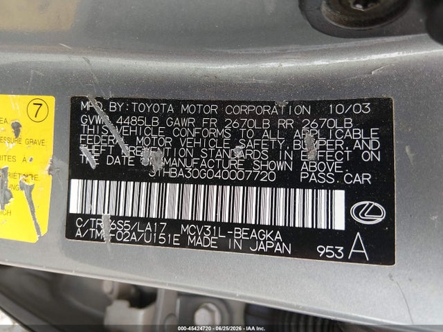45424720 :رقم المزاد ، JTHBA30G040007720 vin ، 2004 Lexus Es 330 مزاد بيع