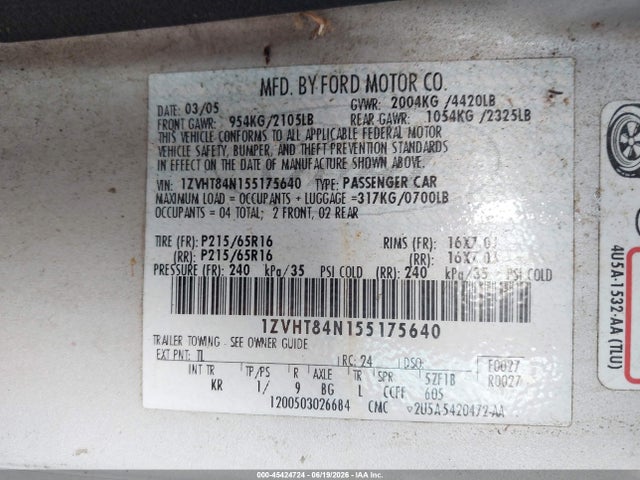 45424724 :رقم المزاد ، 1ZVHT84N155175640 vin ، 2005 Ford Mustang مزاد بيع