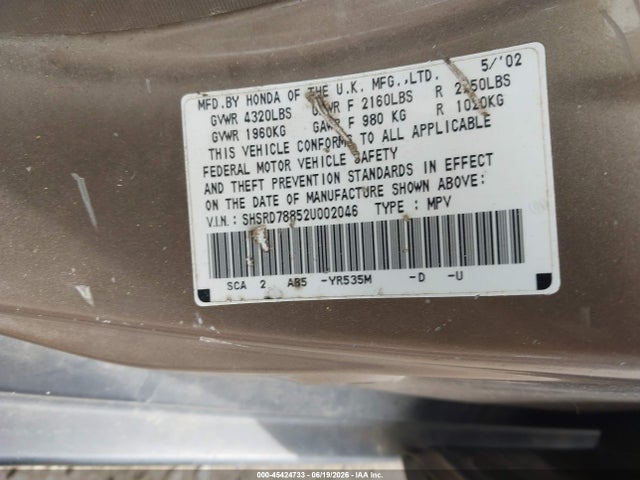 Auction sale of the 2002 Honda Cr-v Ex, vin: SHSRD78852U002046, lot number: 45424733
