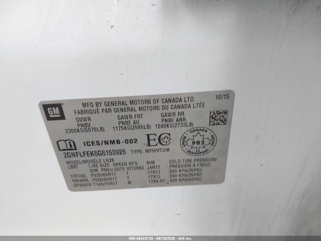 Aukcja sprzedaży 2016 Chevrolet Equinox 1lt, vin: 2GNFLFEK6G6153926, numer aukcji: 45424738