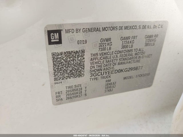 2019 Chevrolet Silverado 1500 Rst მანქანა იყიდება აუქციონზე, vin: 3GCUYEED0KG299877, აუქციონის ნომერი: 45424747