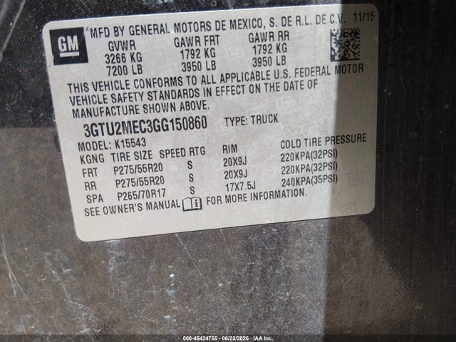 Продажа на аукционе авто 2016 Gmc Sierra 1500 Sle, vin: 3GTU2MEC3GG150860, номер лота: 45424755