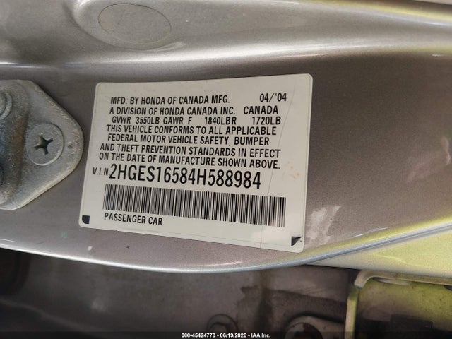 45424770 :رقم المزاد ، 2HGES16584H588984 vin ، 2004 Honda Civic Lx مزاد بيع