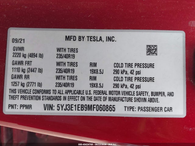 Tesla Model 3 Long Range 2021 5YJ3E1EB9MF060865 Image 9