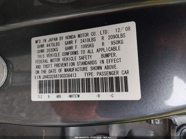Продажа на аукционе авто 2009 Acura Tsx, vin: JH4CU26619C036413, номер лота: 45424772