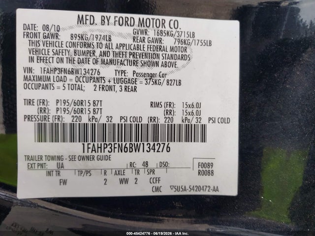 45424776 :رقم المزاد ، 1FAHP3FN6BW134276 vin ، 2011 Ford Focus Se مزاد بيع