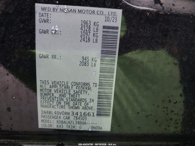 Продажа на аукционе авто 2024 Nissan Altima Sv Fwd, vin: 1N4BL4DV0RN341661, номер лота: 45424790
