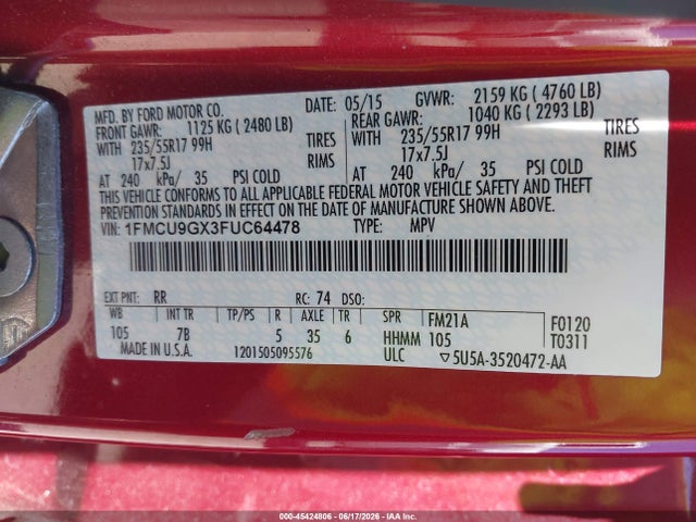 45424806 :رقم المزاد ، 1FMCU9GX3FUC64478 vin ، 2015 Ford Escape Se مزاد بيع