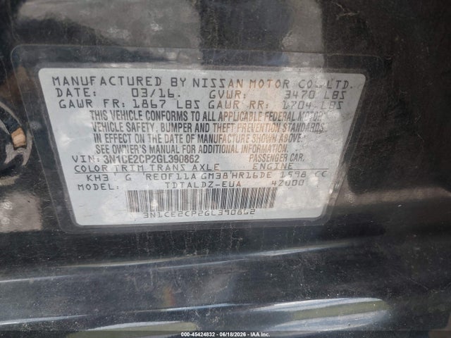 Продажа на аукционе авто 2016 Nissan Versa Note S (sr)/s Plus/sl/sr/sv, vin: 3N1CE2CP2GL390862, номер лота: 45424832
