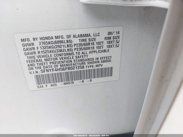 Honda Pilot Ex-l 2015 5FNYF4H56FB021258 Image 9