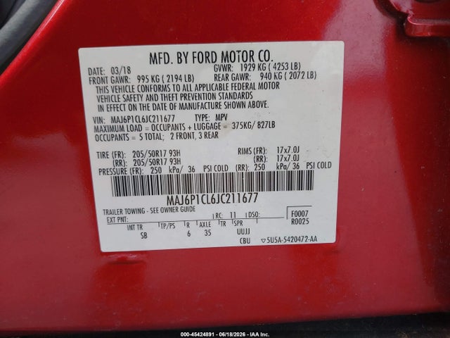 Aukcja sprzedaży 2018 Ford Ecosport Ses, vin: MAJ6P1CL6JC211677, numer aukcji: 45424891