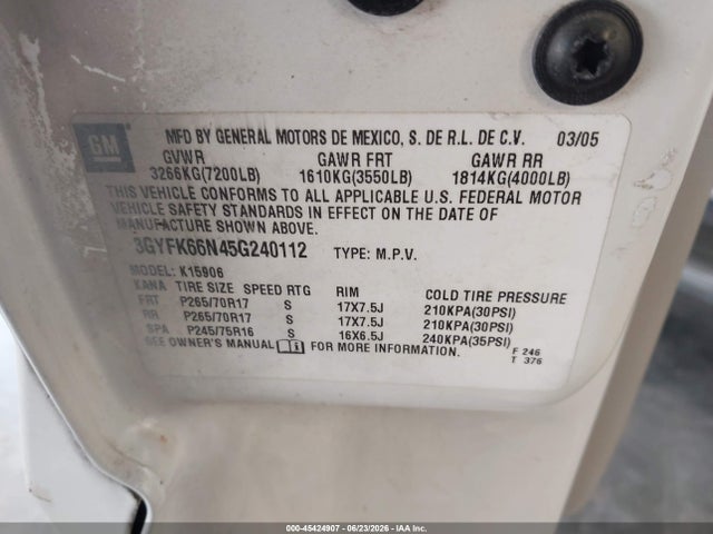 Продаж на аукціоні авто 2005 Cadillac Escalade Esv Standard, vin: 3GYFK66N45G240112, номер лоту: 45424907