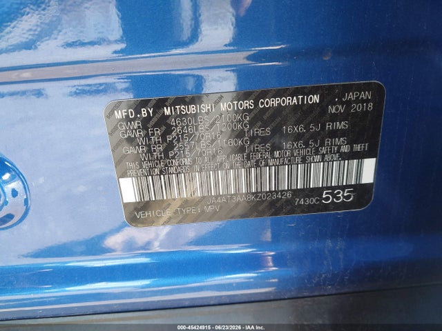 2019 Mitsubishi Eclipse Cross Es მანქანა იყიდება აუქციონზე, vin: JA4AT3AA8KZ023426, აუქციონის ნომერი: 45424915