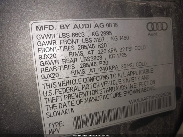 Продажа на аукционе авто 2017 Audi Q7 3.0t Premium, vin: WA1LAAF73HD026238, номер лота: 45424924