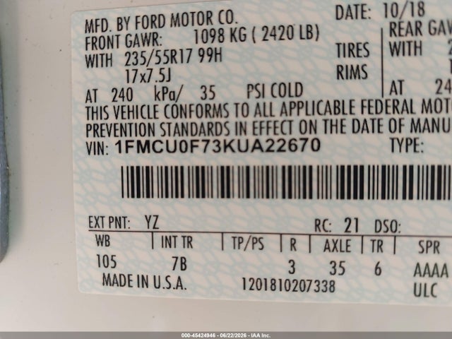 2019 Ford Escape S მანქანა იყიდება აუქციონზე, vin: 1FMCU0F73KUA22670, აუქციონის ნომერი: 45424946