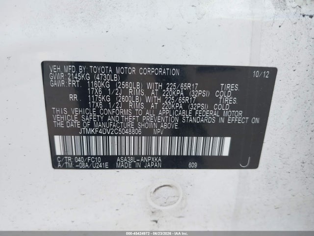 2012 Toyota Rav4 მანქანა იყიდება აუქციონზე, vin: JTMKF4DV2C5048806, აუქციონის ნომერი: 45424972