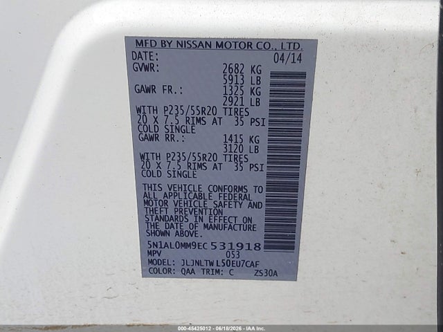 45425012 :رقم المزاد ، 5N1AL0MM9EC531918 vin ، 2014 Infiniti Qx60 مزاد بيع