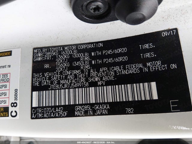 45425027 :رقم المزاد ، JTEBU5JR7J5499158 vin ، 2018 Toyota 4runner Limited مزاد بيع