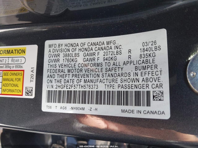 Honda Civic Sport 2026 2HGFE2F57TH576373 Image 9