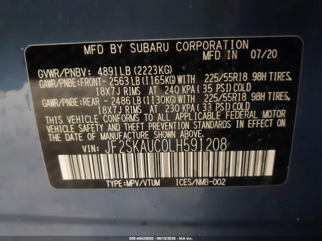 45425050 :رقم المزاد ، JF2SKAUC0LH591208 vin ، 2020 Subaru Forester Limited مزاد بيع