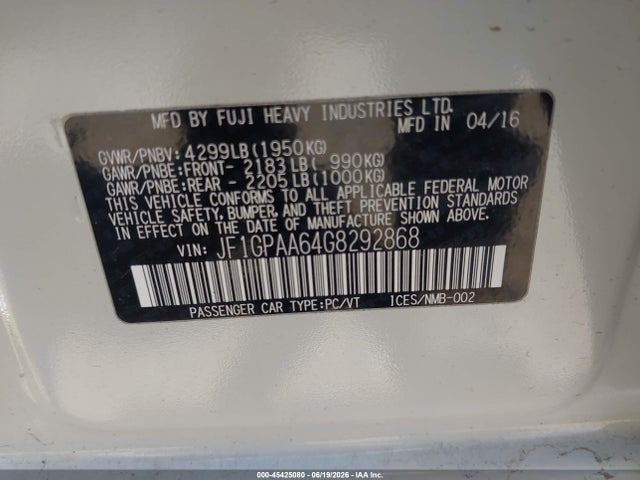 Aukcja sprzedaży 2016 Subaru Impreza 2.0i, vin: JF1GPAA64G8292868, numer aukcji: 45425080
