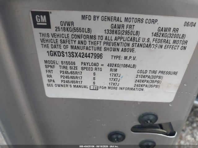 Продажа на аукционе авто 2004 Gmc Envoy Sle, vin: 1GKDS13SX42447996, номер лота: 45425106