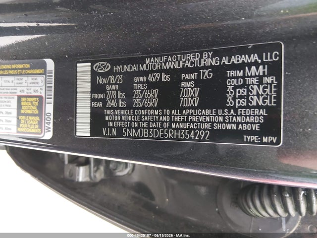 Продажа на аукционе авто 2024 Hyundai Tucson Sel, vin: 5NMJB3DE5RH354292, номер лота: 45425107
