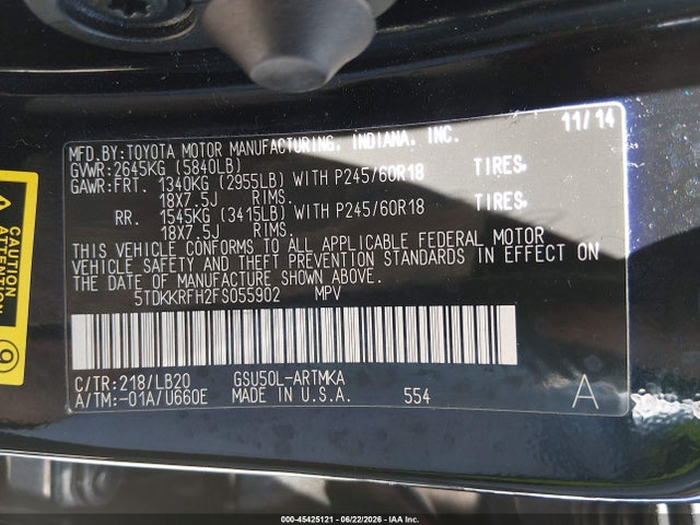 5TDKKRFH2FS055902 Toyota Highlander Xle V6
