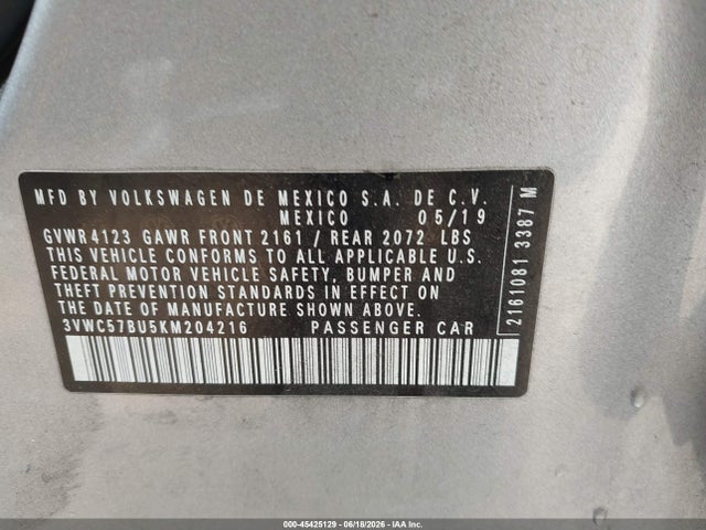 45425129 :رقم المزاد ، 3VWC57BU5KM204216 vin ، 2019 Volkswagen Jetta 1.4t R-line/1.4t S/1.4t Se مزاد بيع