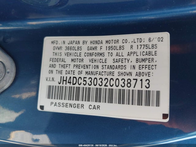 2002 Acura Rsx Type S მანქანა იყიდება აუქციონზე, vin: JH4DC53032C038713, აუქციონის ნომერი: 45425135
