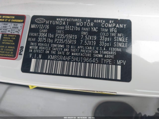 KM8SR4HF5HU196645 Hyundai Santa Fe Se Ultimate