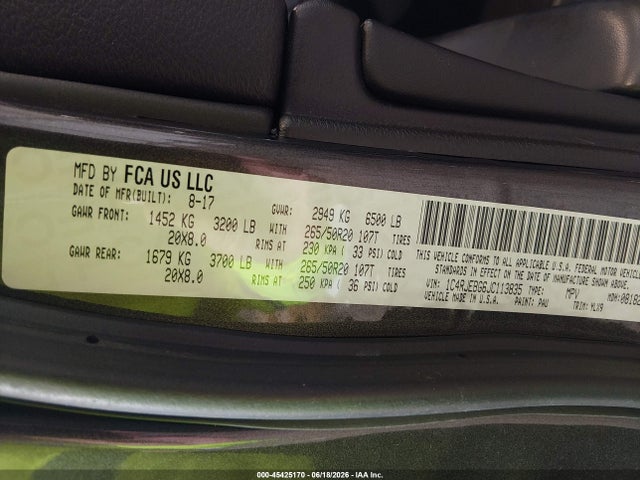 45425170 :رقم المزاد ، 1C4RJEBG6JC113835 vin ، 2018 Jeep Grand Cherokee Sterling Edition 4x2 مزاد بيع