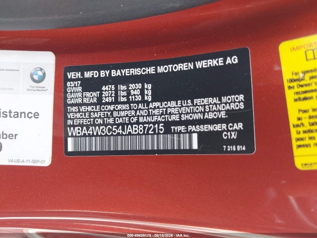 Продажа на аукционе авто 2018 Bmw 430i, vin: WBA4W3C54JAB87215, номер лота: 45425175