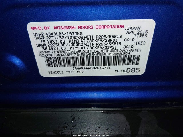 JA4AR4AW6GZ046775 Mitsubishi Outlander Sport 2.4 Sel