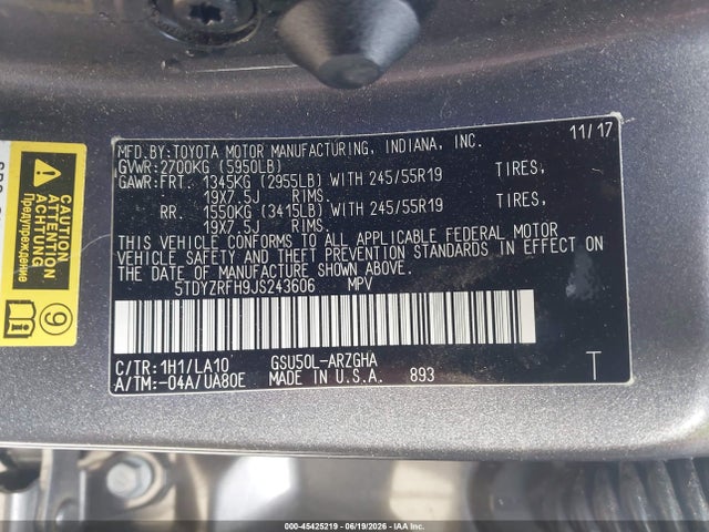 Toyota Highlander Limited 2018 5TDYZRFH9JS243606 Image 9
