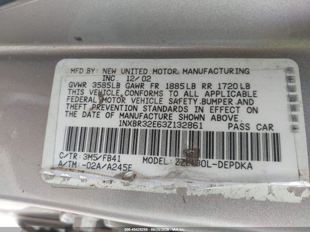 45425258 :رقم المزاد ، 1NXBR32E63Z132861 vin ، 2003 Toyota Corolla Ce مزاد بيع