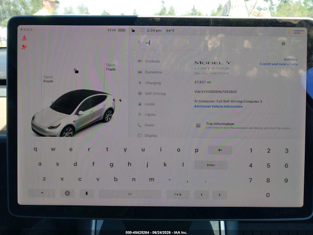 Продажа на аукционе авто 2020 Tesla Model Y Long Range Dual Motor All-wheel Drive, vin: 5YJYGDEE9LF052842, номер лота: 45425264