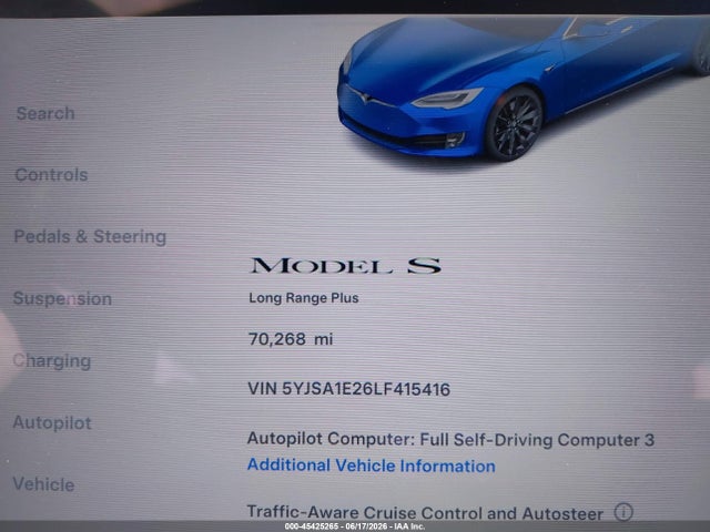 45425265 :رقم المزاد ، 5YJSA1E26LF415416 vin ، 2020 Tesla Model S مزاد بيع