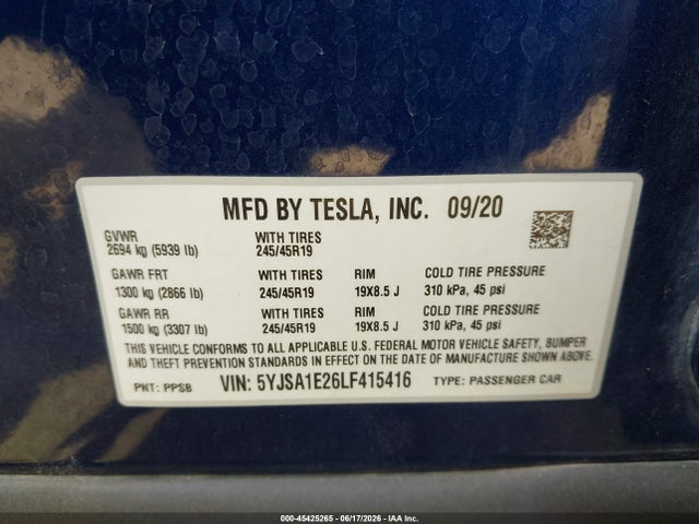 45425265 :رقم المزاد ، 5YJSA1E26LF415416 vin ، 2020 Tesla Model S مزاد بيع