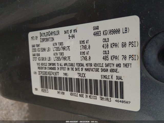 Aukcja sprzedaży 2005 Dodge Ram 2500 Slt/laramie, vin: 3D7KS28C45G741077, numer aukcji: 45425267