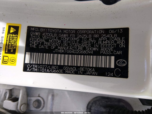 2013 Lexus Es 350 მანქანა იყიდება აუქციონზე, vin: JTHBK1GG4D2068094, აუქციონის ნომერი: 45425305