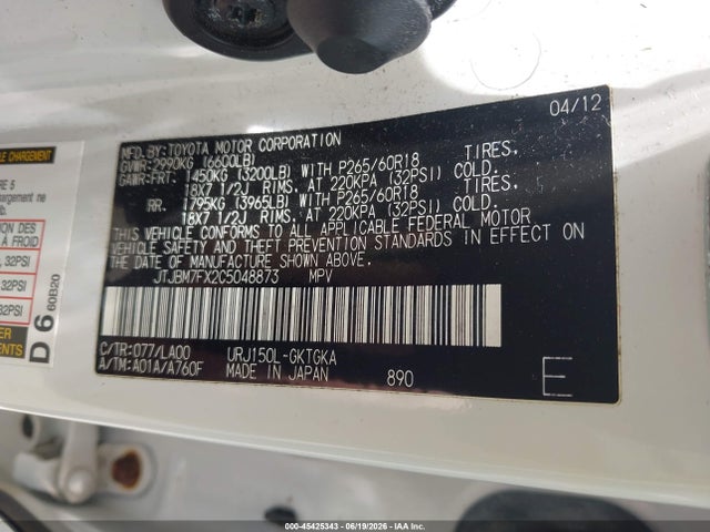 Aukcja sprzedaży 2012 Lexus Gx 460, vin: JTJBM7FX2C5048873, numer aukcji: 45425343