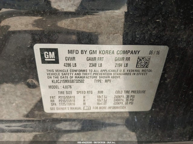 Продаж на аукціоні авто 2016 Buick Encore Sport Touring, vin: KL4CJ1SMXGB732502, номер лоту: 45425350