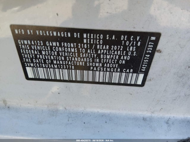 Продаж на аукціоні авто 2019 Volkswagen Jetta 1.4t R-line/1.4t S/1.4t Se, vin: 3VWC57BU3KM123778, номер лоту: 45425370