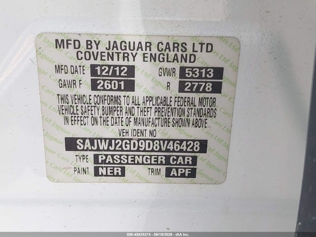 Aukcja sprzedaży 2013 Jaguar Xj Xjl Portfolio, vin: SAJWJ2GD9D8V46428, numer aukcji: 45425374