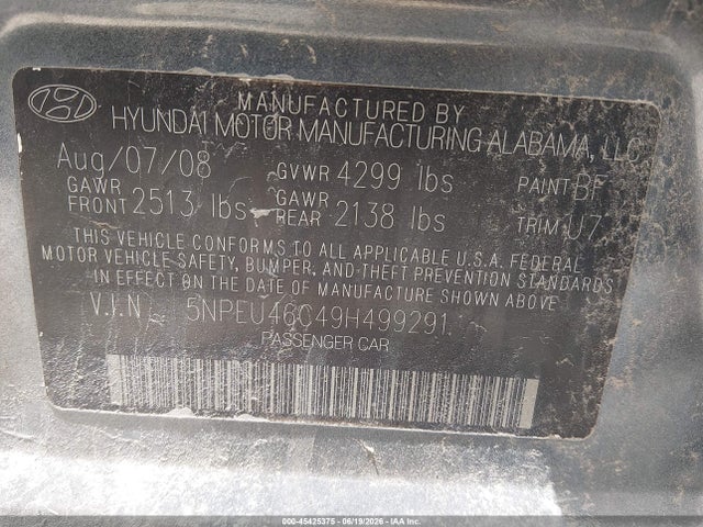 45425375 :رقم المزاد ، 5NPEU46C49H499291 vin ، 2009 Hyundai Sonata Se مزاد بيع